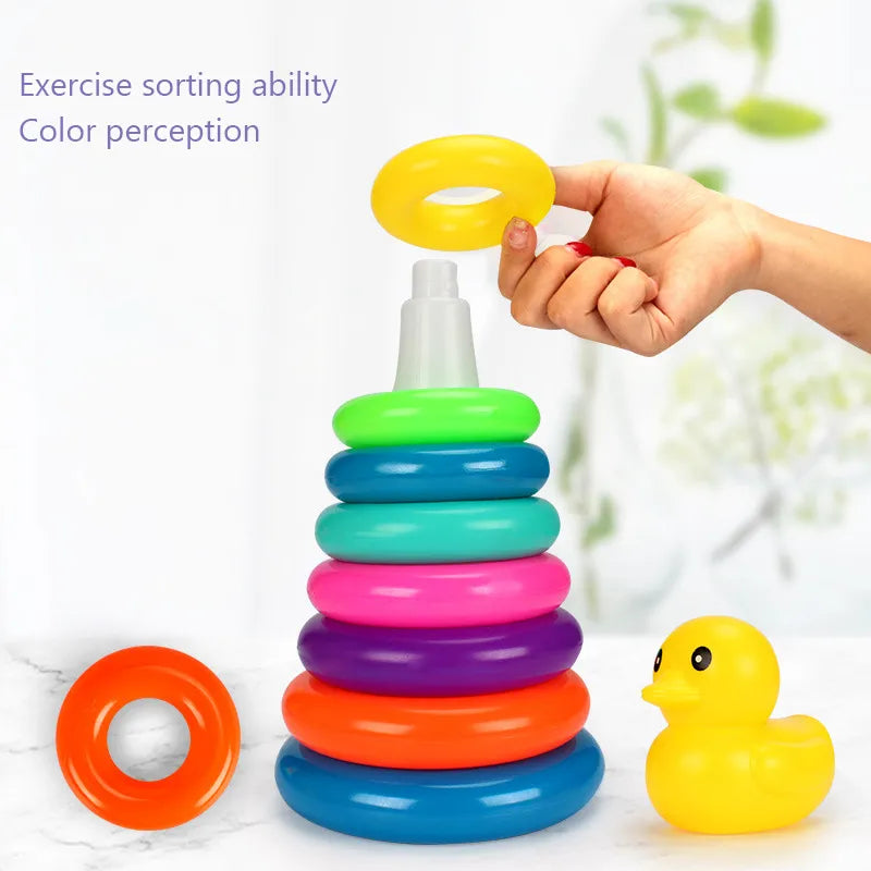 Vibrant Wooden Animal Rainbow Stacking Tower Educational Baby Toy